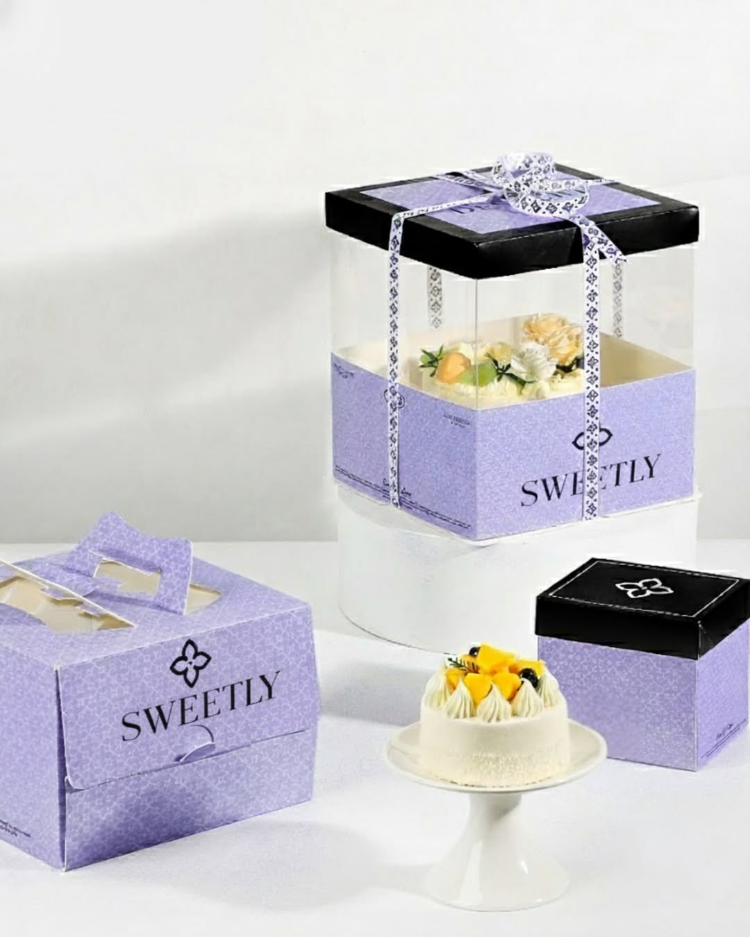 Custom Luxury Cake Packaging Set with Transparent Box – SWEETLY Collection (MOQ 500 pcs)
