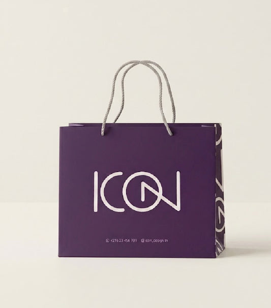 Imprint-Purple shopping bag with 'ICON' logo on a light beige background